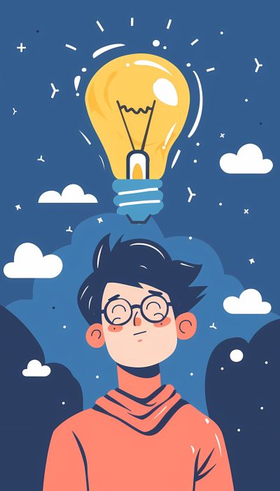 Jongen met lamp boven het hoofd dat inzicht symboliseerd